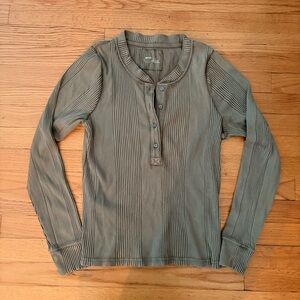 Aerie Ribbed Henley Long Sleeve Top Olive Green XL